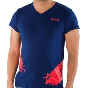 New Just Cavalli Men S / 48 Cotton T-Shirt Navy Blue V-Neck Tee Top Red Print